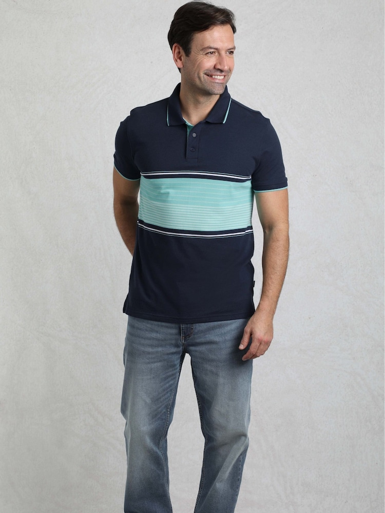 Weird Fish AquaMarine Blue Sunbury Striped Pique 100% Cotton Polo Shirt - Image 2 of 6