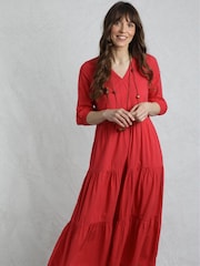 Weird Fish Red Margo Seersucker Tiered Midi Dress - Image 1 of 4