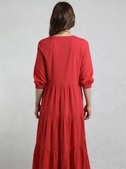 Weird Fish Red Margo Seersucker Tiered Midi Dress - Image 2 of 4