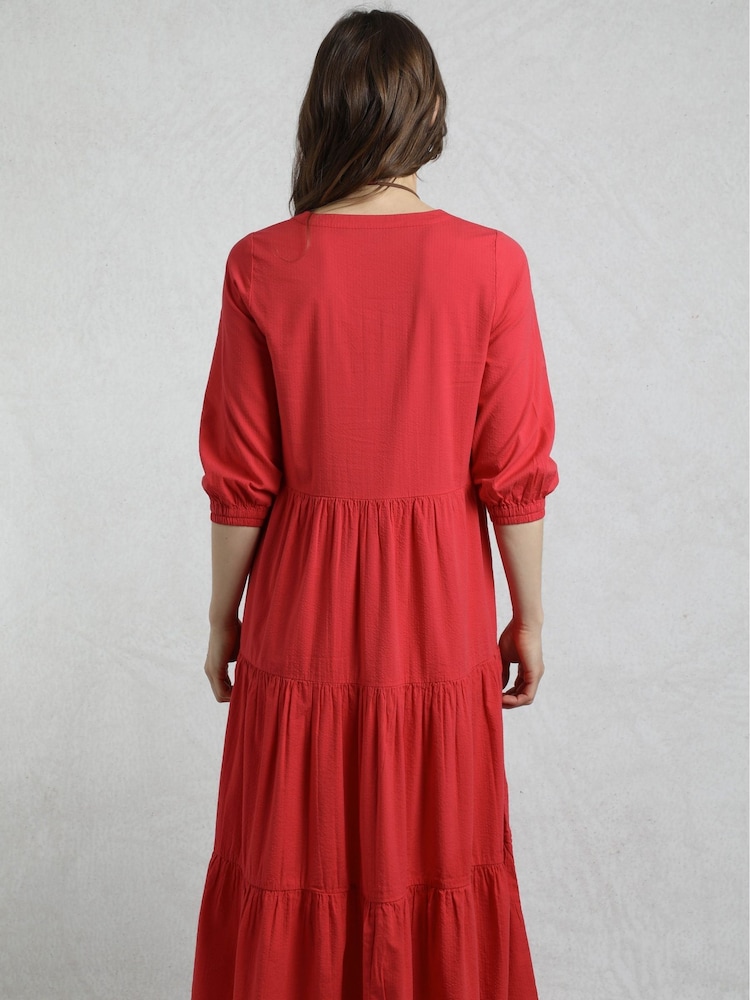Weird Fish Red Margo Seersucker Tiered Midi Dress - Image 2 of 4