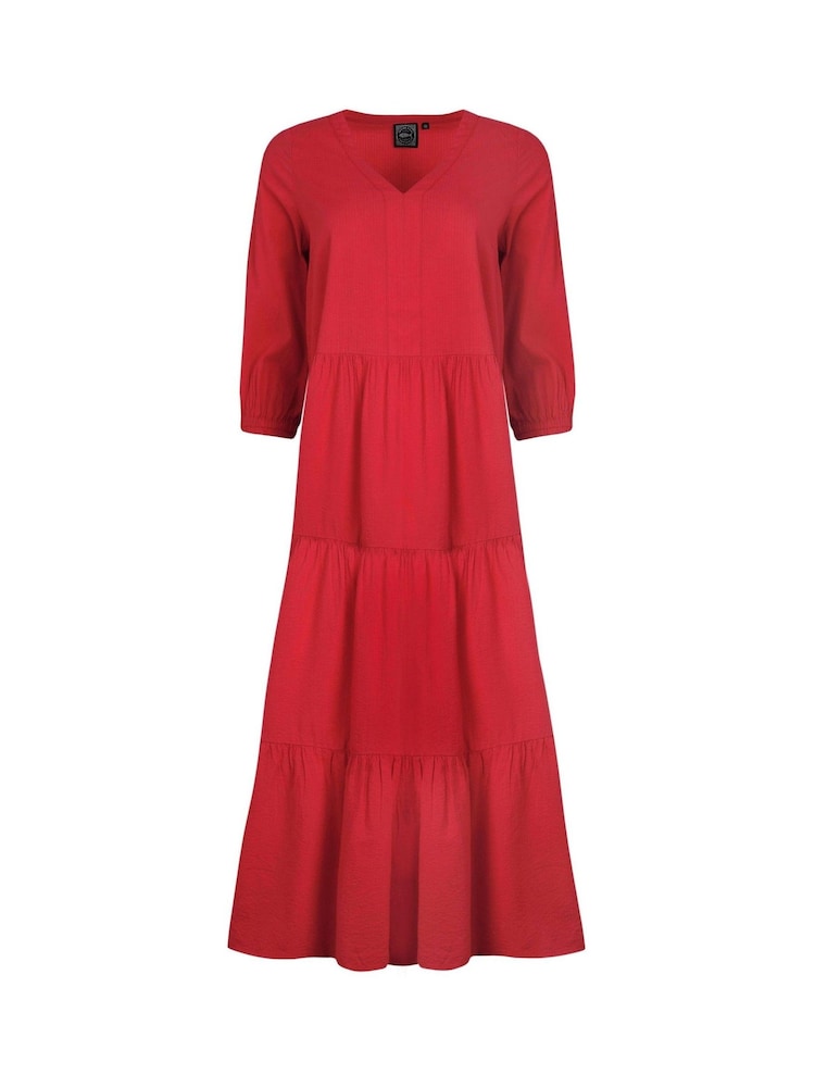 Weird Fish Red Margo Seersucker Tiered Midi Dress - Image 3 of 4