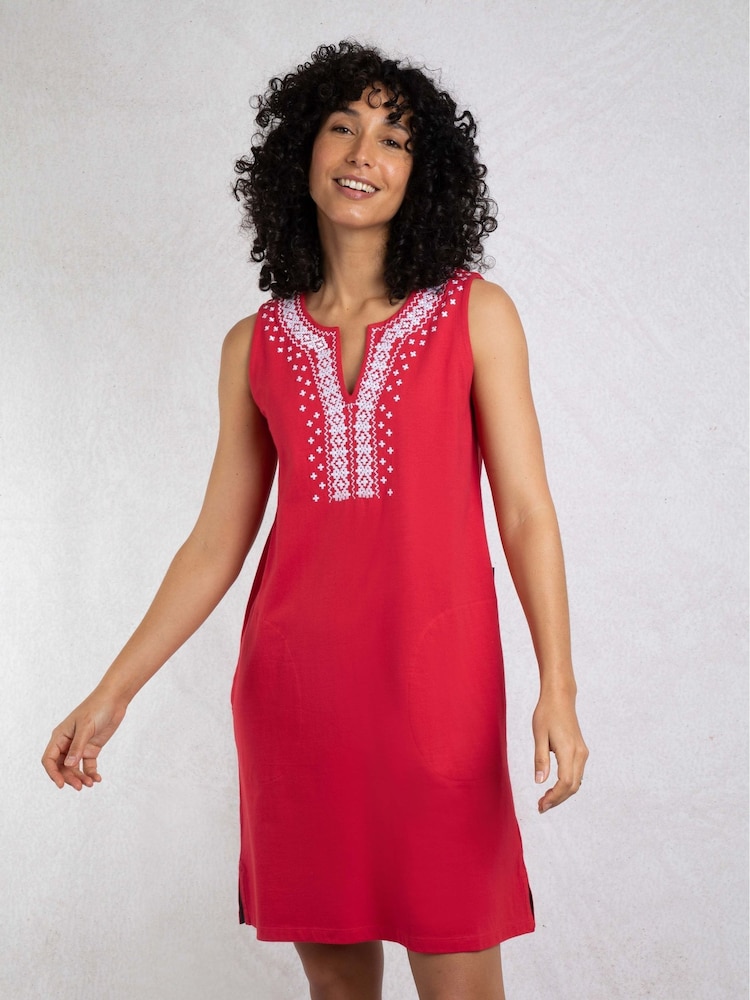 Weird Fish Red Anaya Embroidered Jersey 100% Cotton Shift Dress - Image 1 of 7