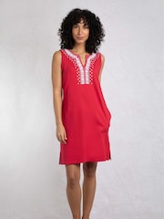 Weird Fish Red Anaya Embroidered Jersey 100% Cotton Shift Dress - Image 3 of 7