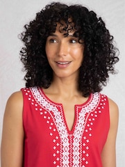 Weird Fish Red Anaya Embroidered Jersey 100% Cotton Shift Dress - Image 4 of 7