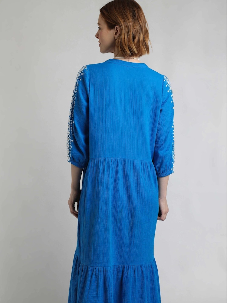 Weird Fish Blue Arles Embroidered Double Cloth 100% Cotton Dress - Image 2 of 4