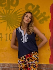 Weird Fish Blue Tirtha Embroidered Jersey 100% Organic Cotton Vest - Image 1 of 3