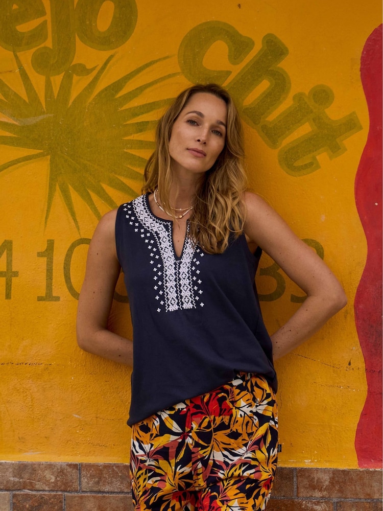 Weird Fish Blue Tirtha Embroidered Jersey 100% Organic Cotton Vest - Image 1 of 3