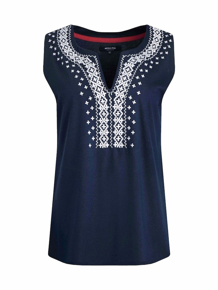 Weird Fish Blue Tirtha Embroidered Jersey 100% Organic Cotton Vest - Image 2 of 3