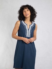 Weird Fish Blue Anaya Embroidered Jersey 100% Cotton Shift Dress - Image 1 of 6