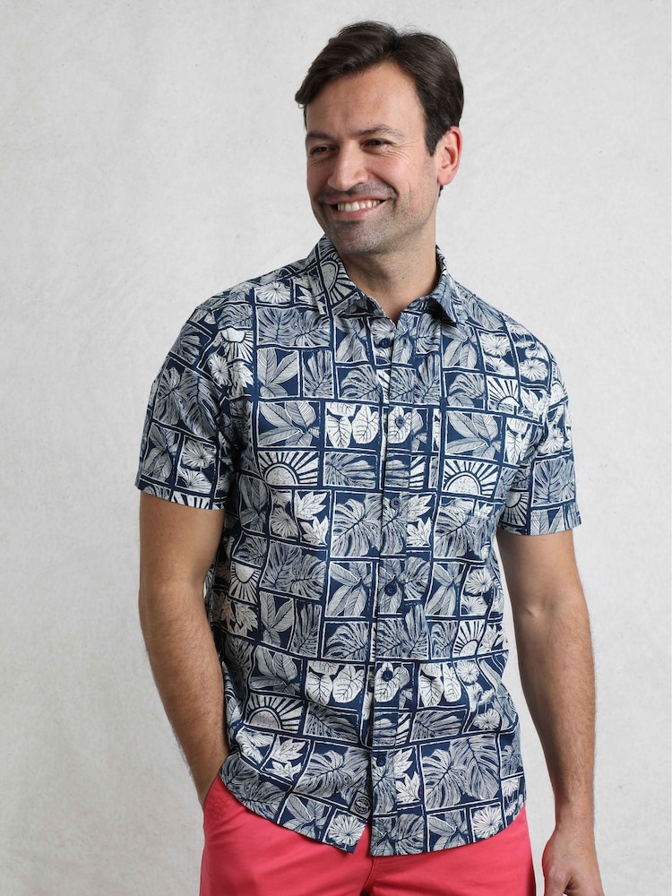 Weird Fish Blue Faraway Printed 100% Cotton Shirt - Image 1 of 6
