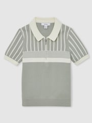 Reiss Sage Green/Off White Hugo Cotton Stripe Knit Half-Zip Polo Shirt - Image 2 of 4