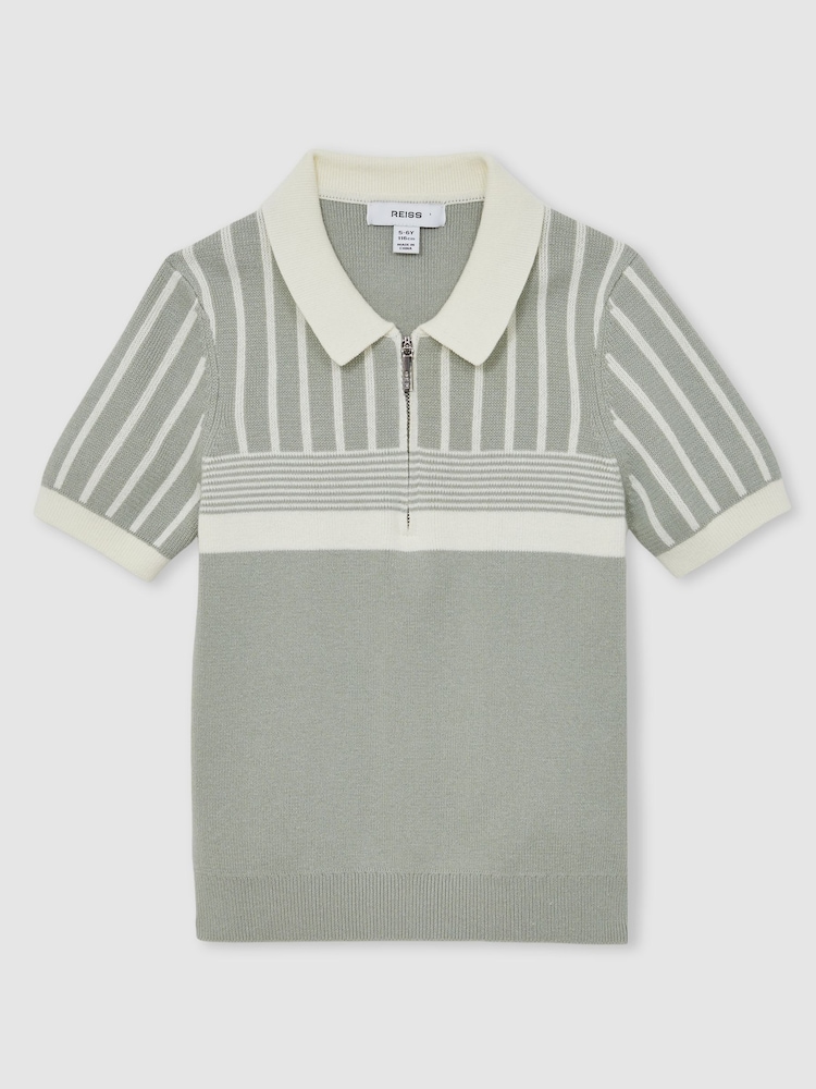 Reiss Sage Green/Off White Hugo Cotton Stripe Knit Half-Zip Polo Shirt - Image 2 of 4