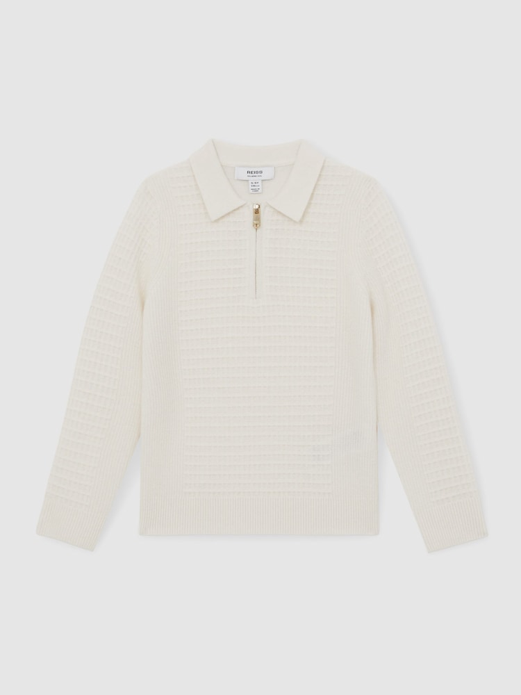 Reiss Off White Hamilton Wool Waffle Knit Half Zip Polo Shirt - Image 2 of 4