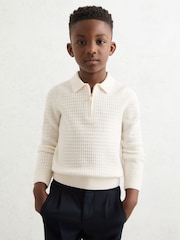 Reiss Off White Hamilton Wool Waffle Knit Half Zip Polo Shirt - Image 3 of 4