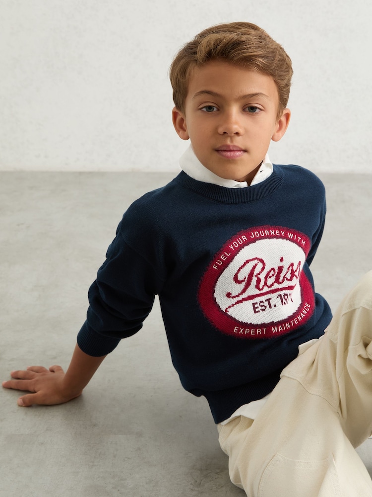 Reiss Navy Blaine 9-13 yrs Cotton Motor Cars Logo Jumper - Image 1 of 4