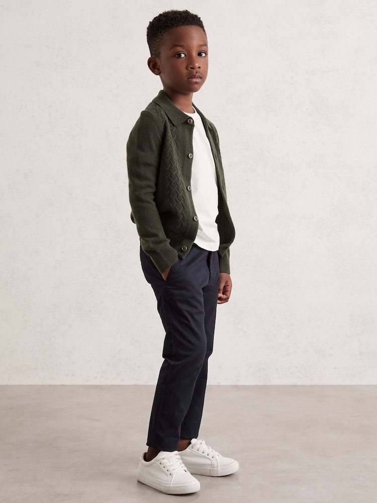 Reiss Forest Green Gideon 3-9 yrs Wool V-Stitch Button-Through Cardigan - Image 1 of 4