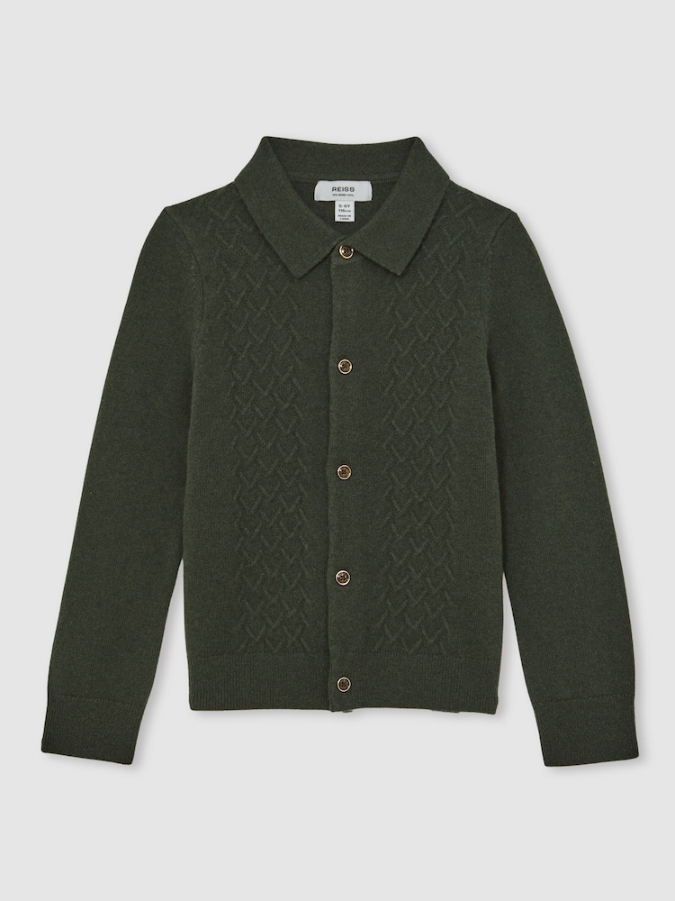 Reiss Forest Green Gideon 3-9 yrs Wool V-Stitch Button-Through Cardigan - Image 2 of 4