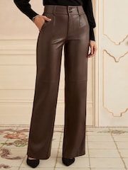 Love & Roses Chocolate Brown Faux Leather Wide Leg With Faux Suede Side Stripe Trousers - Image 1 of 5