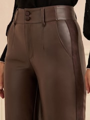 Love & Roses Chocolate Brown Faux Leather Wide Leg With Faux Suede Side Stripe Trousers - Image 2 of 5