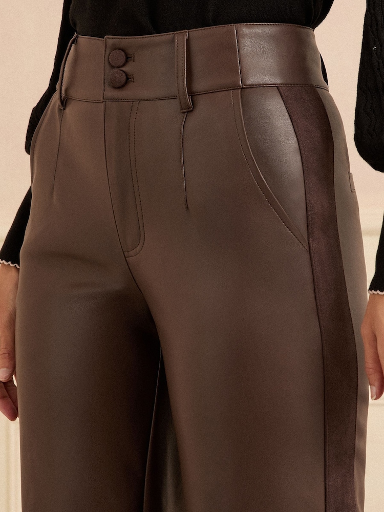 Love & Roses Chocolate Brown Faux Leather Wide Leg With Faux Suede Side Stripe Trousers - Image 2 of 5