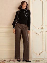 Love & Roses Chocolate Brown Faux Leather Wide Leg With Faux Suede Side Stripe Trousers - Image 3 of 5