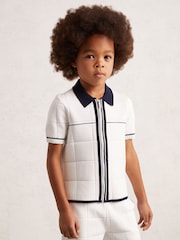 Reiss White/Navy Baxter Tipped Knit Zip-Through Shirt - Image 1 of 4