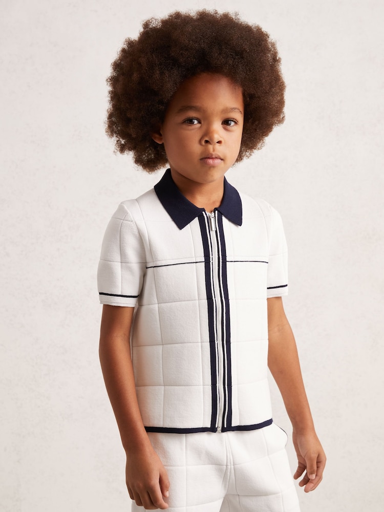 Reiss White/Navy Baxter Tipped Knit Zip-Through Shirt - Image 1 of 4