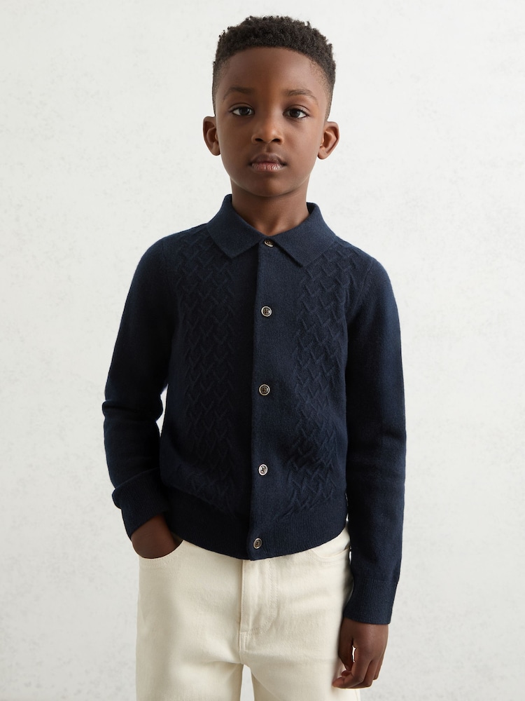 Reiss Navy Blue Gideon 3-9 yrs Wool V-Stitch Button-Through Cardigan - Image 1 of 5