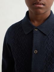 Reiss Navy Blue Gideon Wool V-Stitch Button Through Cardigan - Image 1 of 5