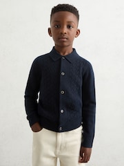 Reiss Navy Blue Gideon Wool V-Stitch Button Through Cardigan - Image 3 of 5