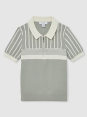 Reiss Sage Green/Off White Hugo Cotton Stripe Knit Half-Zip Polo Shirt - Image 1 of 4