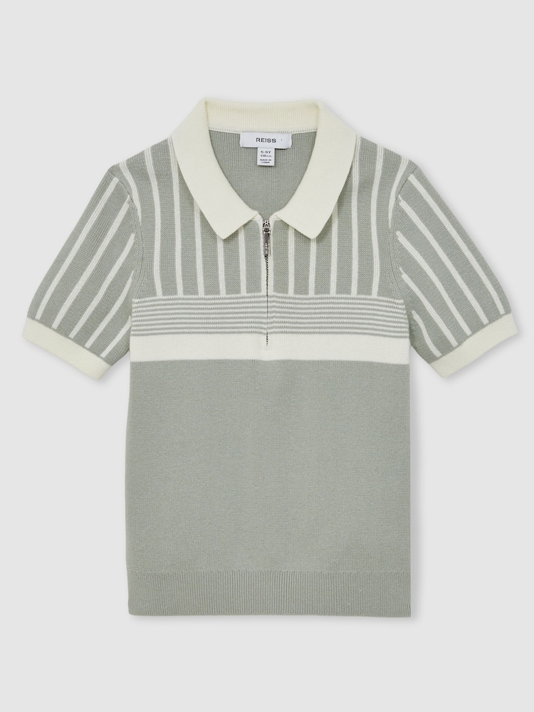 Reiss Sage Green/Off White Hugo Cotton Stripe Knit Half-Zip Polo Shirt - Image 1 of 4