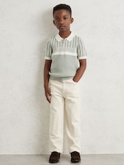 Reiss Sage Green/Off White Hugo Cotton Stripe Knit Half-Zip Polo Shirt - Image 2 of 4