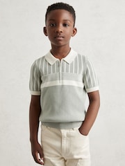 Reiss Sage Green/Off White Hugo Cotton Stripe Knit Half-Zip Polo Shirt - Image 3 of 4