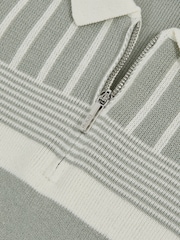 Reiss Sage Green/Off White Hugo Cotton Stripe Knit Half-Zip Polo Shirt - Image 4 of 4