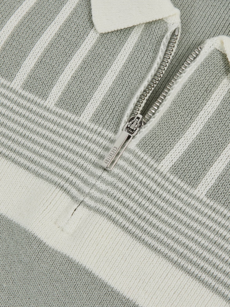 Reiss Sage Green/Off White Hugo Cotton Stripe Knit Half-Zip Polo Shirt - Image 4 of 4