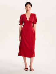 Omnes Red Odette Puff Sleeve Midi V-Neck Dress - Image 1 of 5