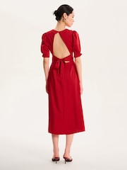 Omnes Red Odette Puff Sleeve Midi V-Neck Dress - Image 2 of 5
