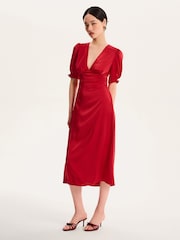 Omnes Red Odette Puff Sleeve Midi V-Neck Dress - Image 3 of 5