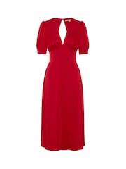 Omnes Red Odette Puff Sleeve Midi V-Neck Dress - Image 5 of 5