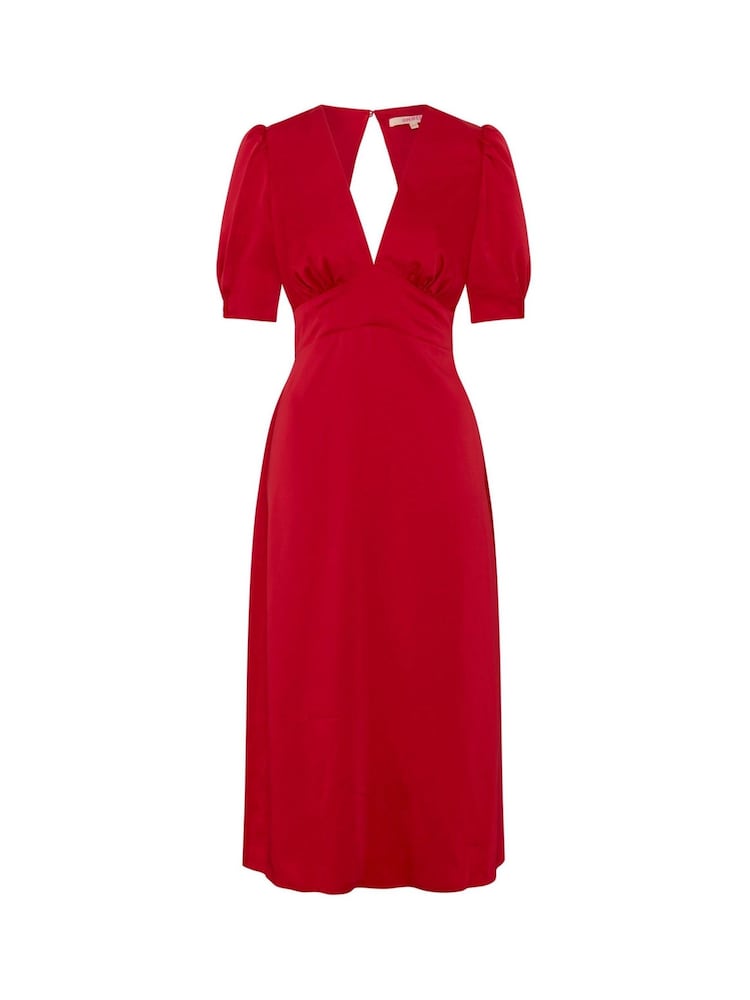 Omnes Red Odette Puff Sleeve Midi V-Neck Dress - Image 5 of 5