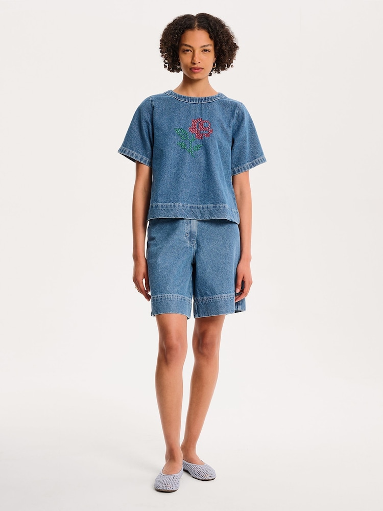 Omnes Blue Cally 100% Cotton Cross-Stitched Embroidered Denim Blouse - Image 1 of 5