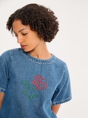 Omnes Blue Cally 100% Cotton Cross-Stitched Embroidered Denim Blouse - Image 4 of 5