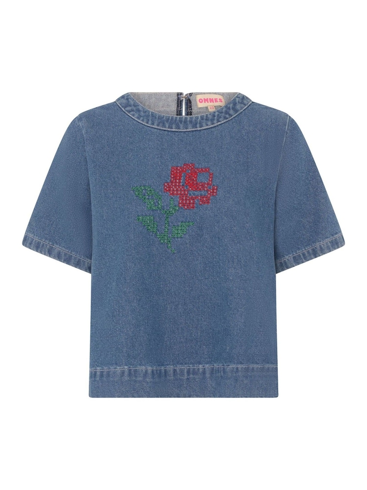 Omnes Blue Cally 100% Cotton Cross-Stitched Embroidered Denim Blouse - Image 5 of 5