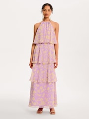 Omnes Purple Cleo Halterneck Tiered Chiffon Floral Maxi Dress - Image 1 of 5