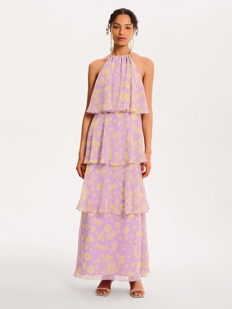 Omnes Purple Cleo Halterneck Tiered Chiffon Floral Maxi Dress - Image 1 of 5