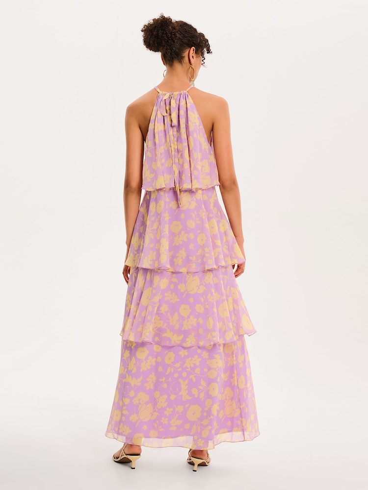 Omnes Purple Cleo Halterneck Tiered Chiffon Floral Maxi Dress - Image 2 of 5