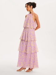 Omnes Purple Cleo Halterneck Tiered Chiffon Floral Maxi Dress - Image 3 of 5