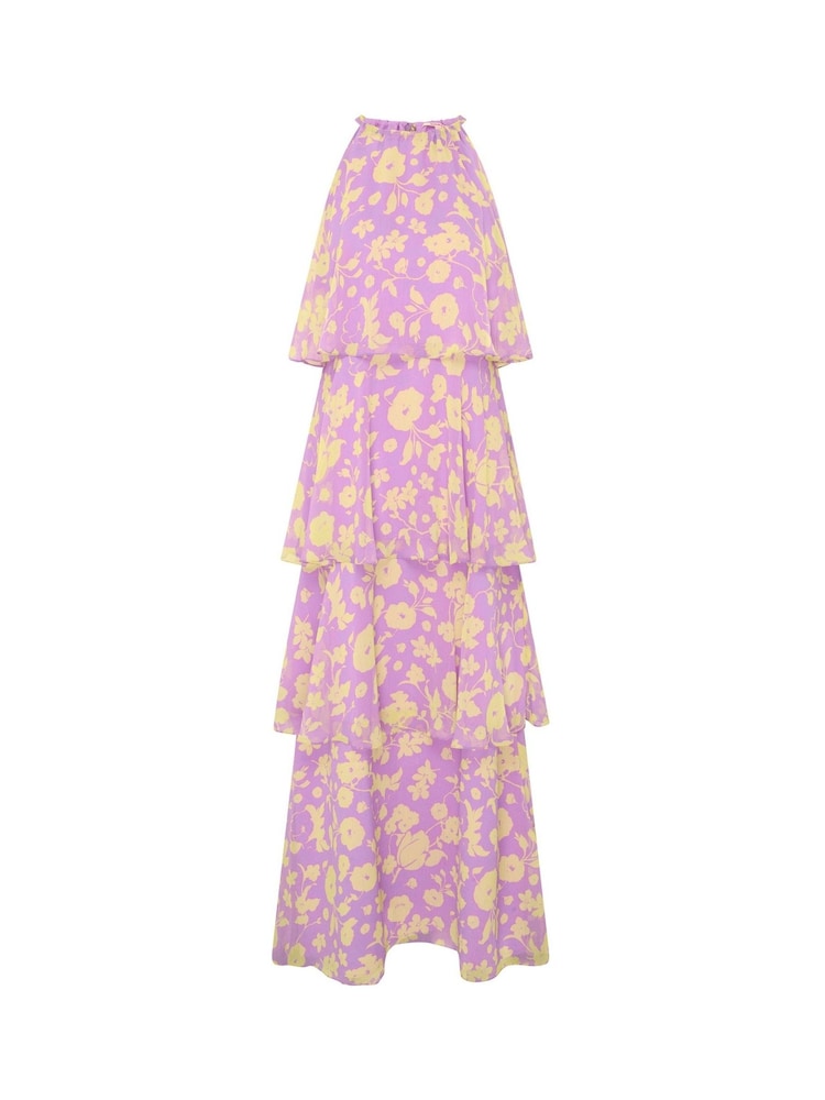 Omnes Purple Cleo Halterneck Tiered Chiffon Floral Maxi Dress - Image 5 of 5