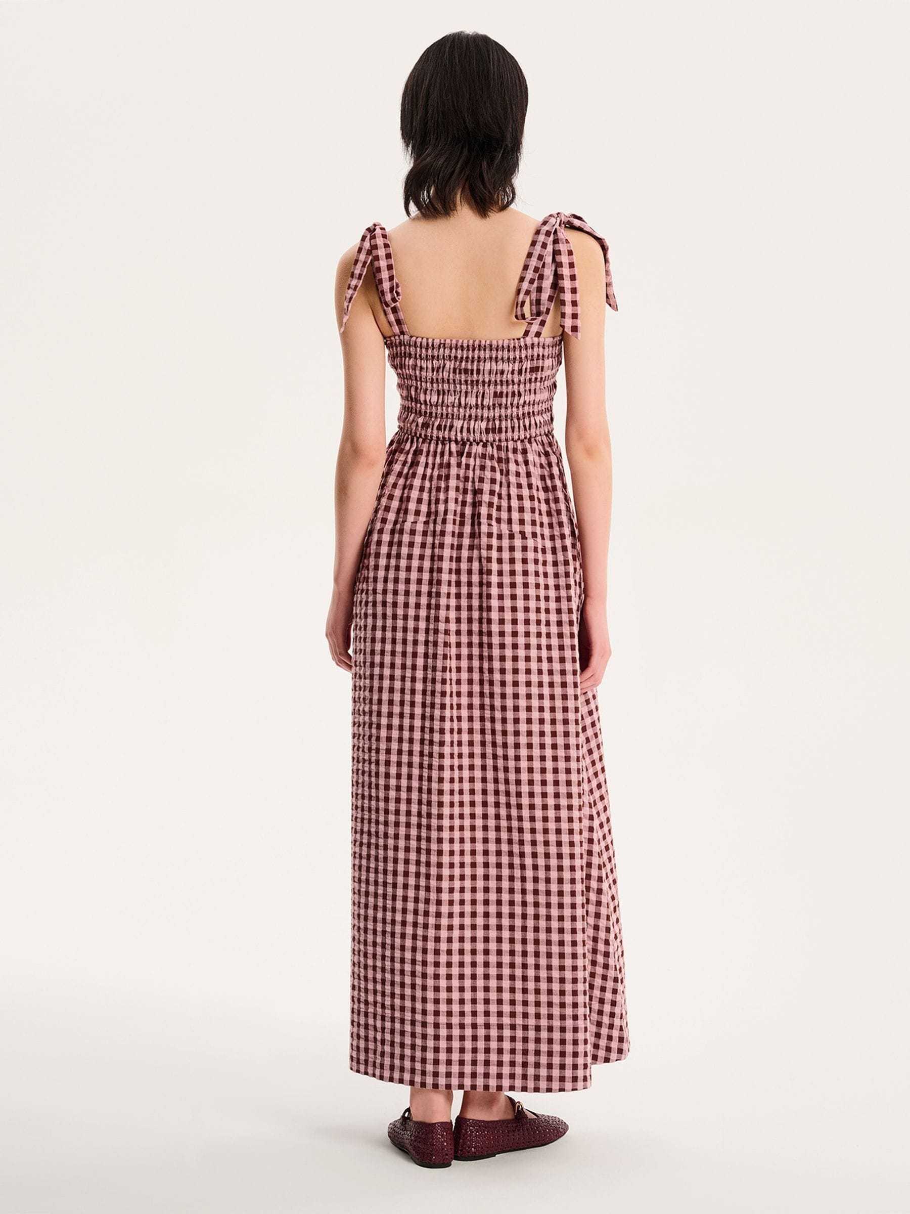 ワンピース ETMON Heart Strap Shirring Dress, Pink Elena 100% Cotton Toile Print Smocked Midi Dress in Pink
